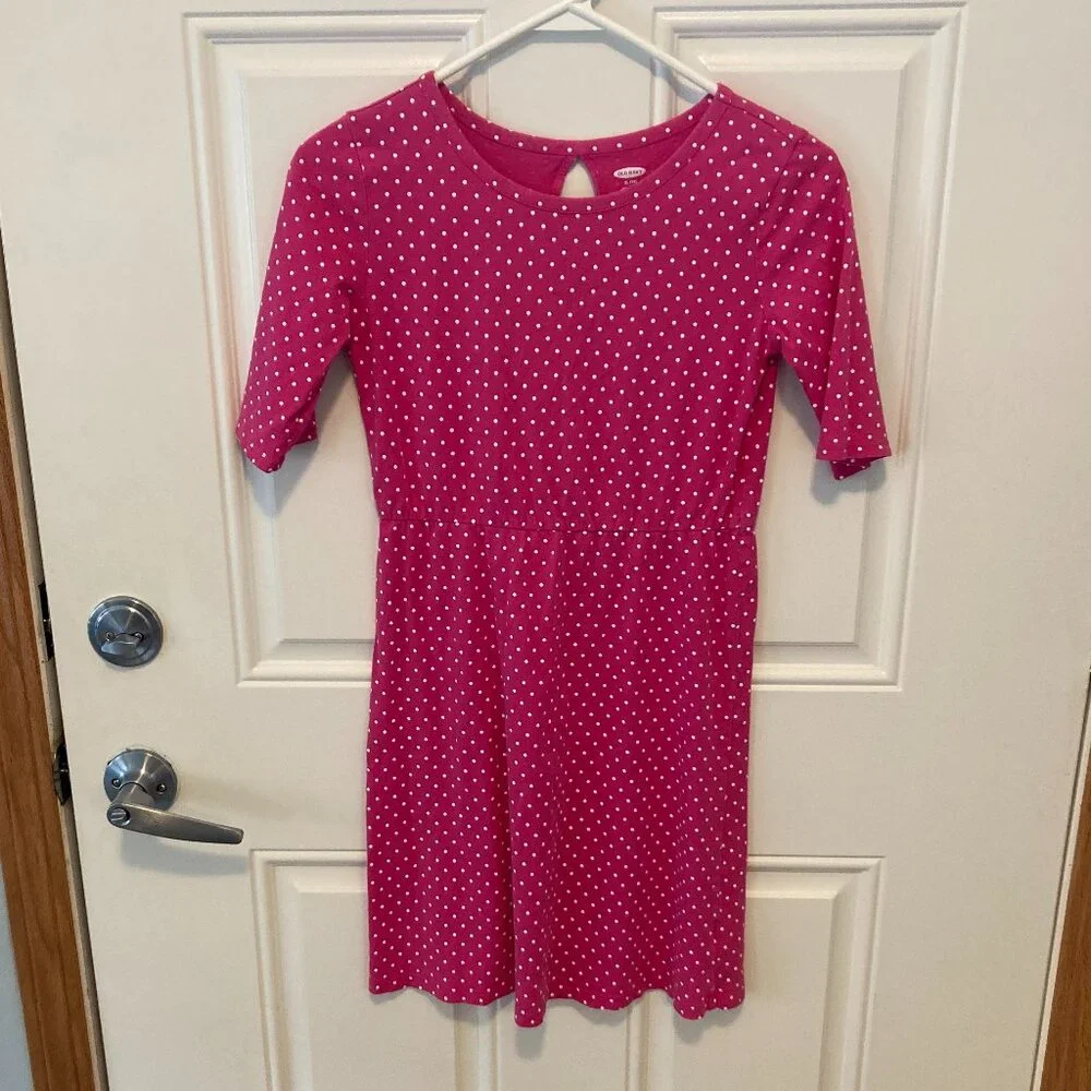 Old Navy Girls Size XL (14) Cotton Pink Polka Dot Dress EUC Blue Tie Dye